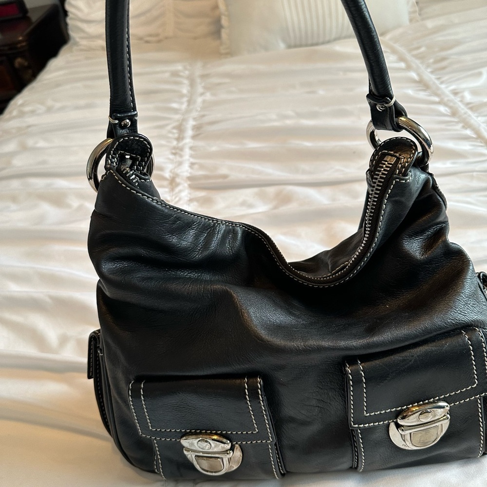 Marc Jacobs Black and Silver Shoulder Bag with Slouchy Design